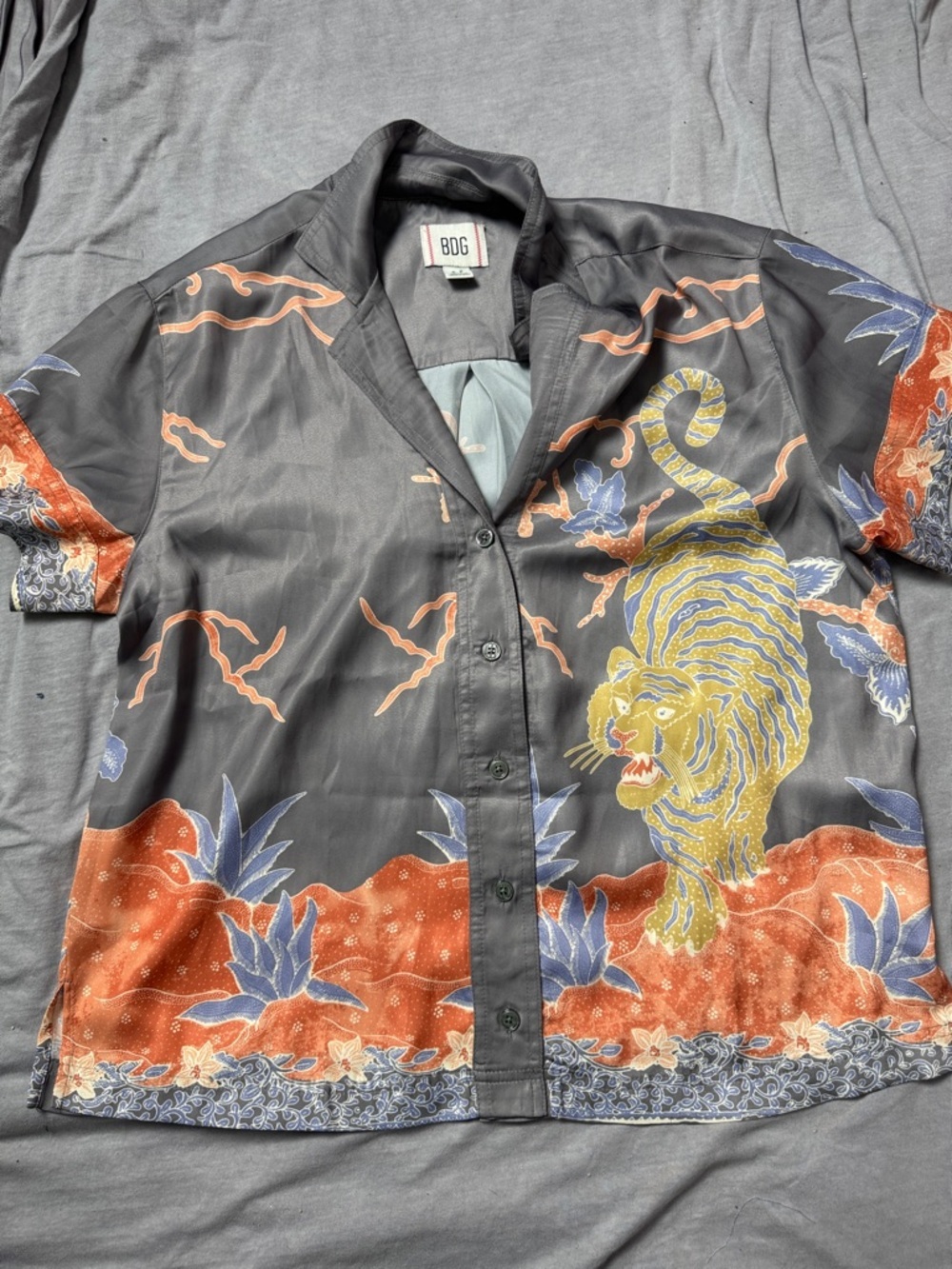 BDG Black Button-Up Jacket with Yellow Tiger & Orange Floral Print